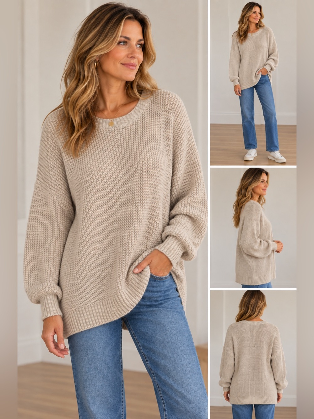 Old Navy Beige Crewneck Waffle-Knit Tunic Sweater